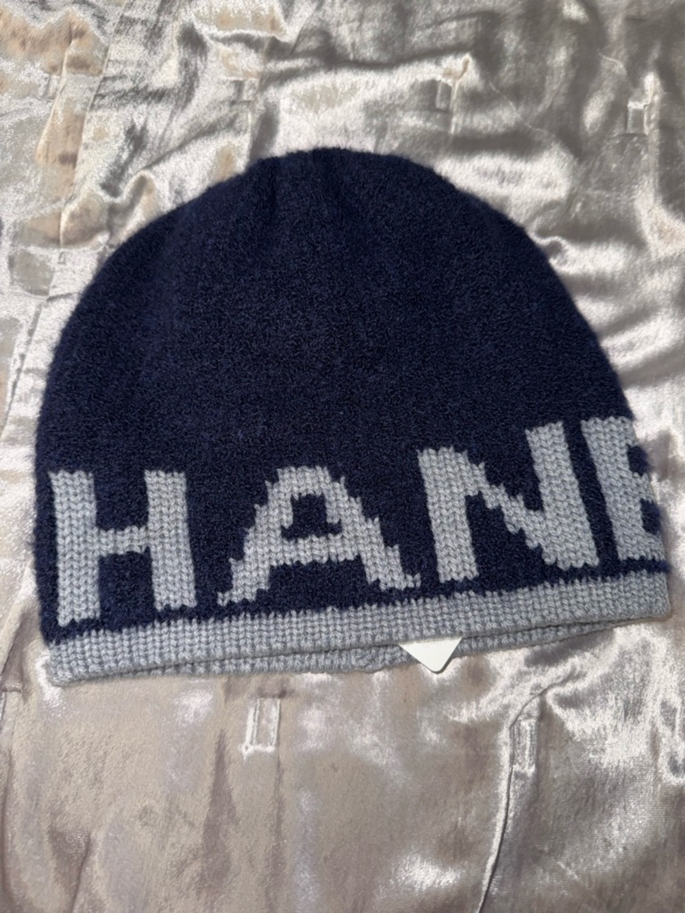 CHANEL Navy and Light Gray Knit Logo Beanie